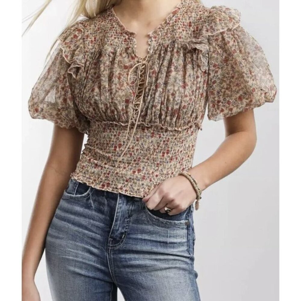 Free People XS blouse Smocked Floral Beatrice Top Peach Boho Western Cottagecore